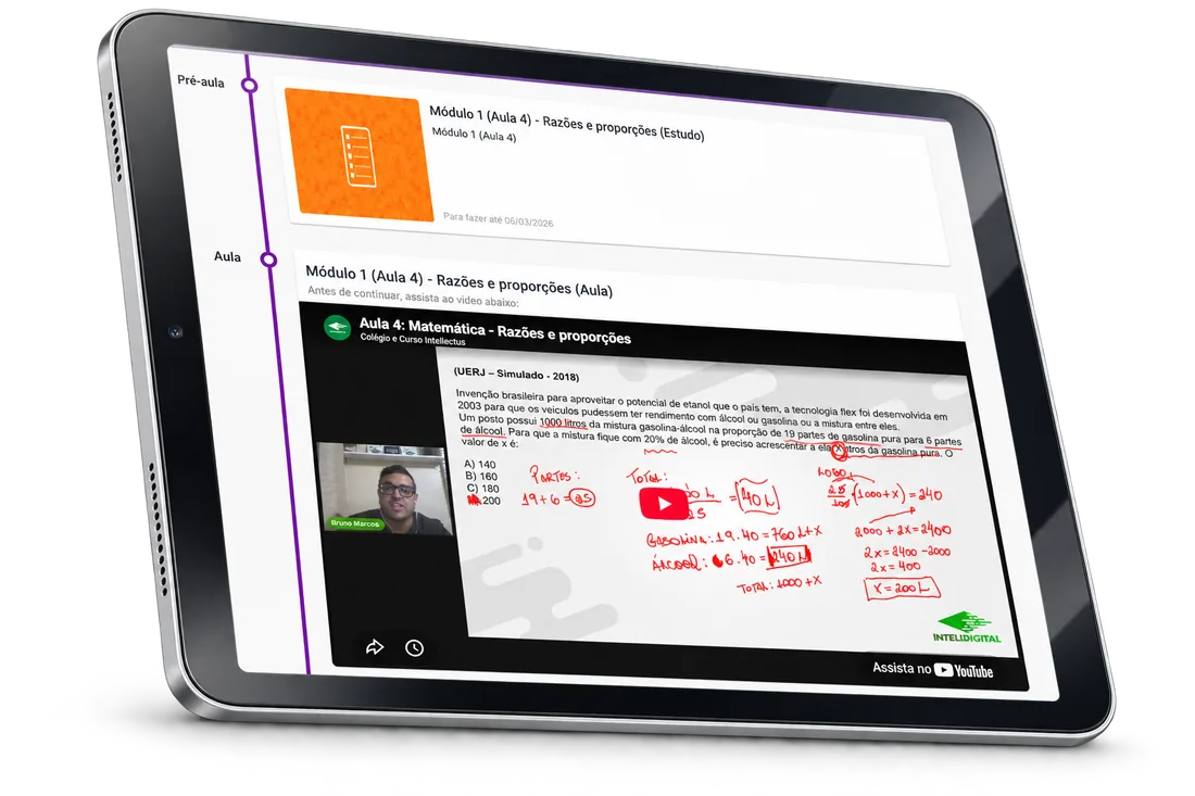 Tablet exibindo a plataforma IRIUM, com pré-aula e videoaula