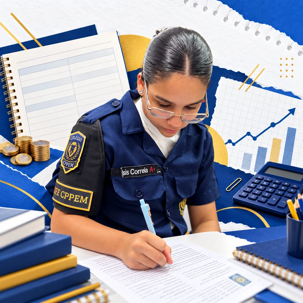 Aluna do Colégio CPPEM estudando finanças, com moedas e calculadora